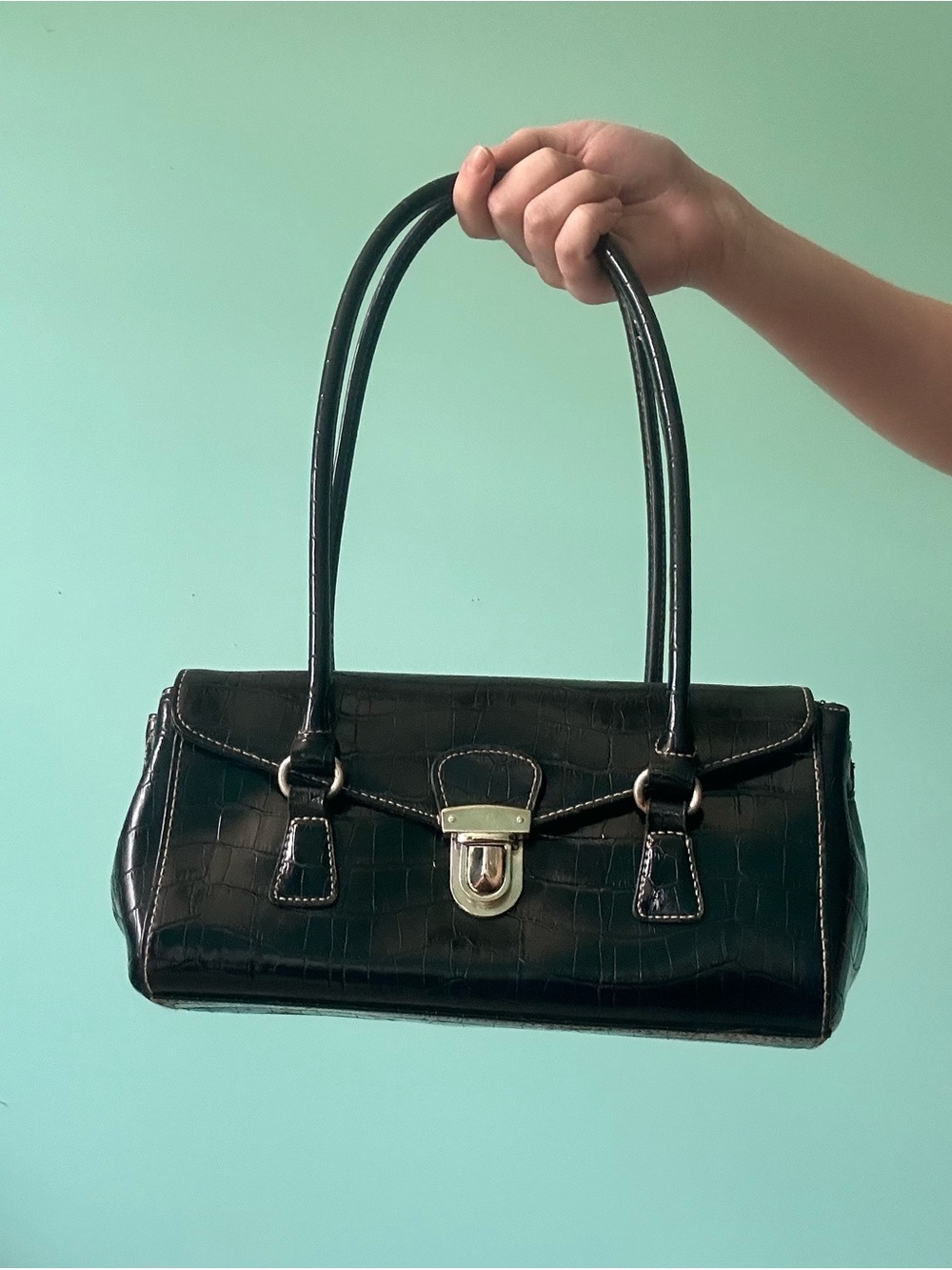 Black Croc-Embossed Shoulder Bag